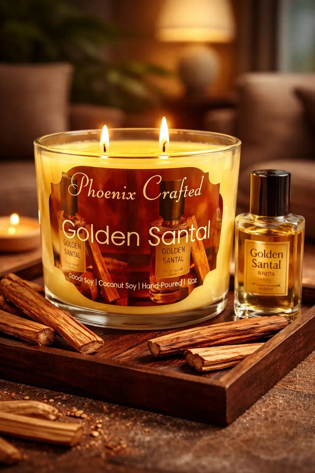 Golden Santal candle displayed with fragrance oil and wood accents, radiating warmth and elegance.
