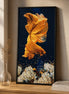 Golden Tide Betta finished diamond artwork shown in a styled black-frame mockup; artwork is sold unframed.