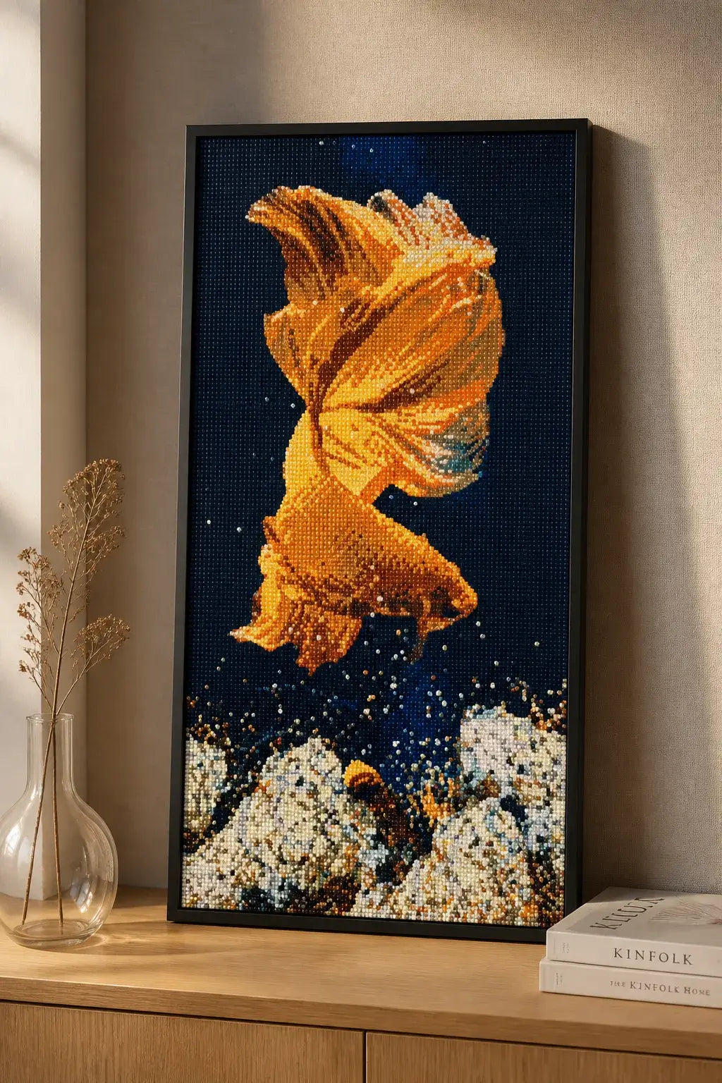 Golden Tide Betta finished diamond artwork shown in a styled black-frame mockup; artwork is sold unframed.