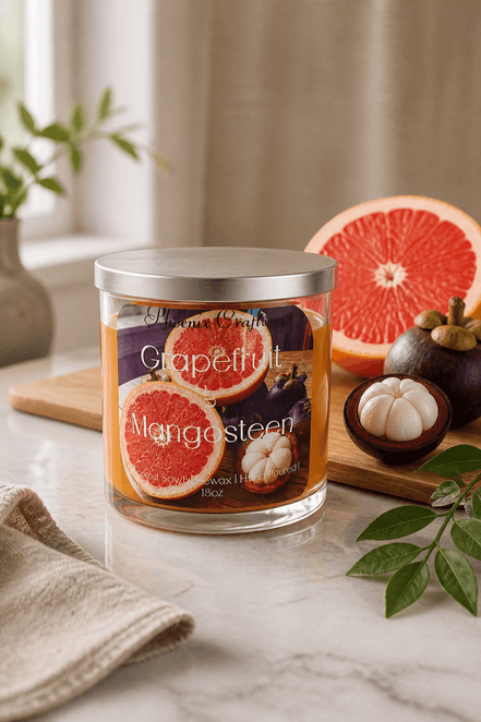 Grapefruit & Mangosteen Candle with vibrant grapefruit and mangosteen displayed on a kitchen counter.