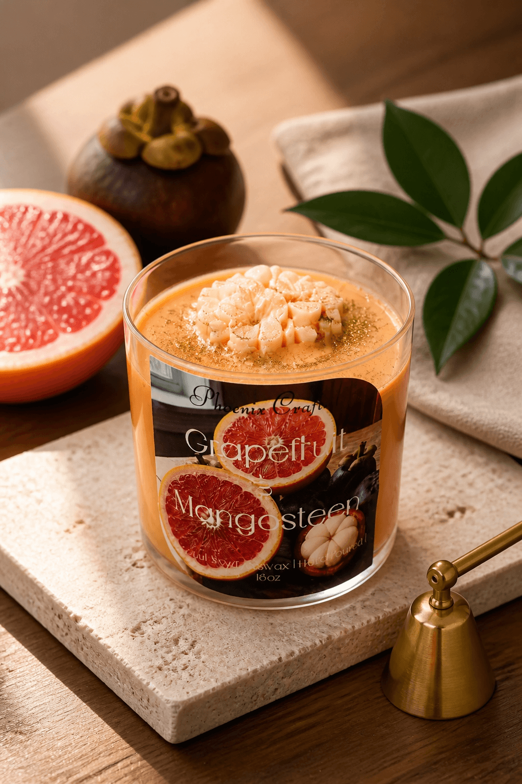 Grapefruit & Mangosteen Candle in a glass jar with grapefruit slice and mangosteen fruit on a wooden table.