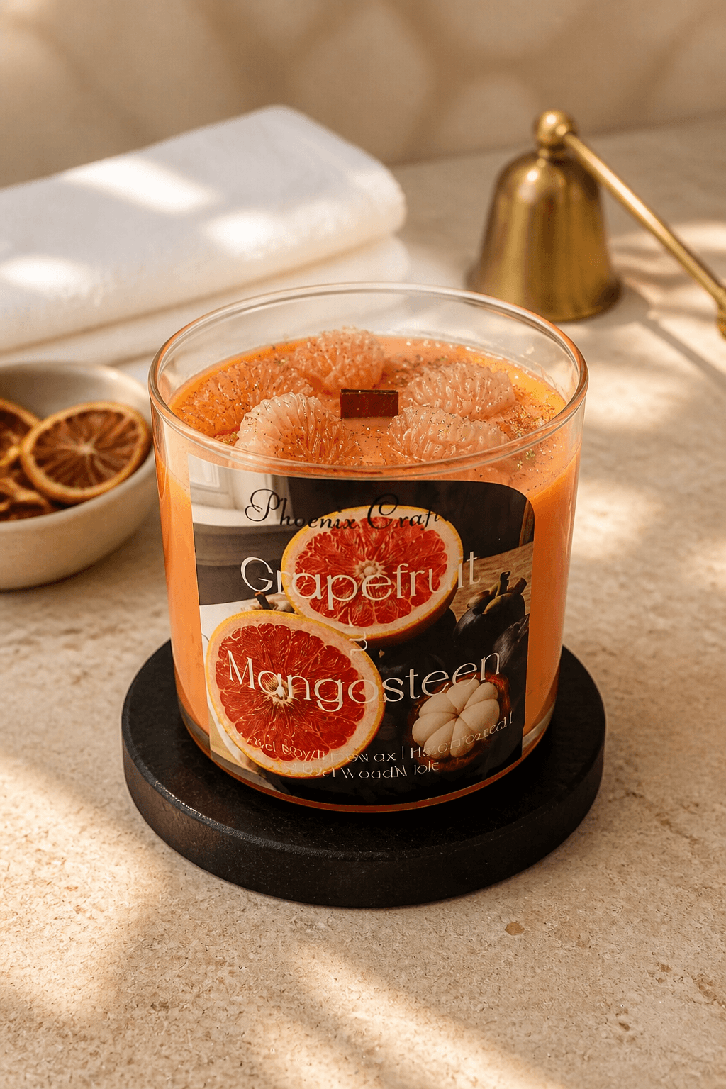 Clear glass jar candle with orange wax, grapefruit-segment toppers and a square wooden wick; label reads 'Grapefruit Mangosteen'.