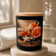Grapefruit & Vanilla Candle, a grapefruit vanilla scented candle, displayed with natural decor and warm lighting.