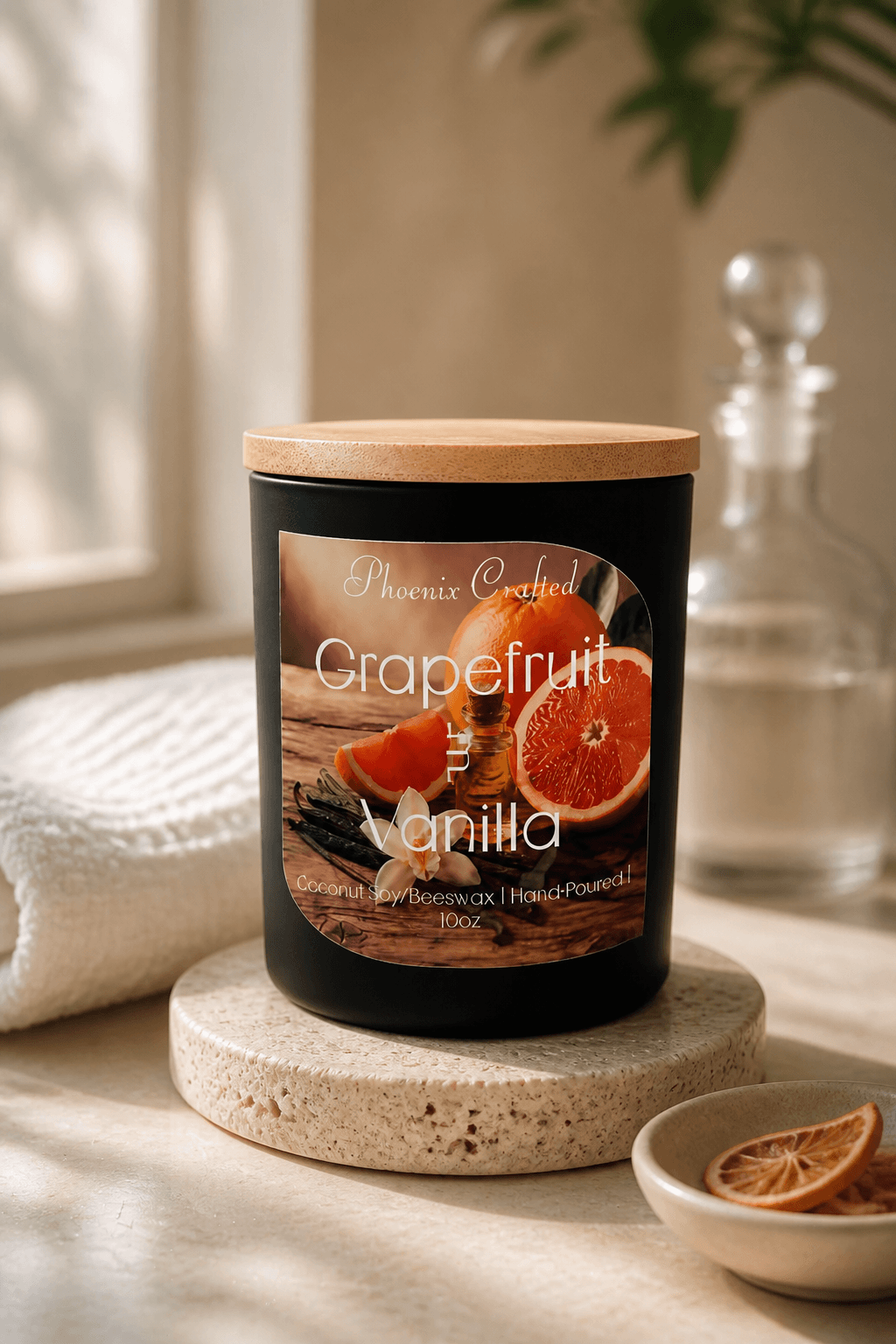 Grapefruit & Vanilla Candle, a grapefruit vanilla scented candle, displayed with natural decor and warm lighting.