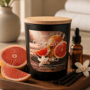 Grapefruit & Vanilla Candle featuring grapefruit slices, vanilla pods, and a sleek design, grapefruit vanilla scented candle.