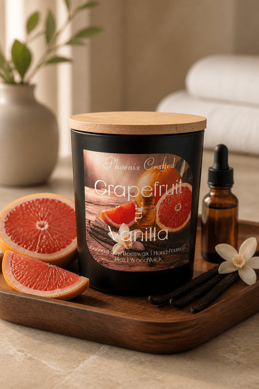 Grapefruit & Vanilla Candle featuring grapefruit slices, vanilla pods, and a sleek design, grapefruit vanilla scented candle.