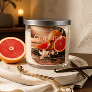 Grapefruit & Vanilla Candle in a stylish setting, featuring grapefruit slices, showcasing grapefruit vanilla scented candle.