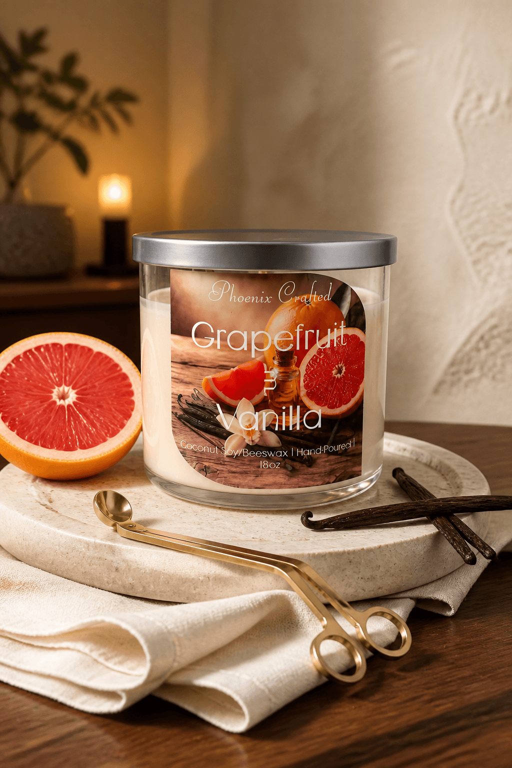 Grapefruit & Vanilla Candle in a stylish setting, featuring grapefruit slices, showcasing grapefruit vanilla scented candle.