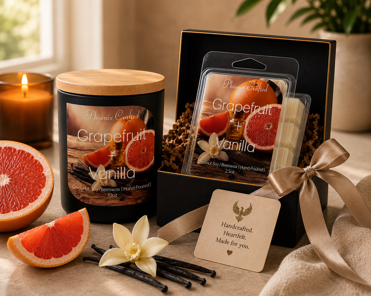 Grapefruit & Vanilla candle and matching wax melts arranged together as a coordinated Phoenix Crafted gift set.