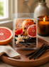 Grapefruit & Vanilla Wax Melts packaging with grapefruit, vanilla beans, and a candle in a cozy setting.