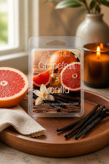 Grapefruit & Vanilla Wax Melts packaging with grapefruit, vanilla beans, and a candle in a cozy setting.