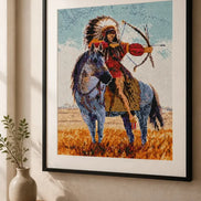 Guardian of the Plains finished rider-and-horse diamond artwork shown in a frame mockup; artwork is sold unframed.