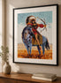 Guardian of the Plains finished rider-and-horse diamond artwork shown in a frame mockup; artwork is sold unframed.