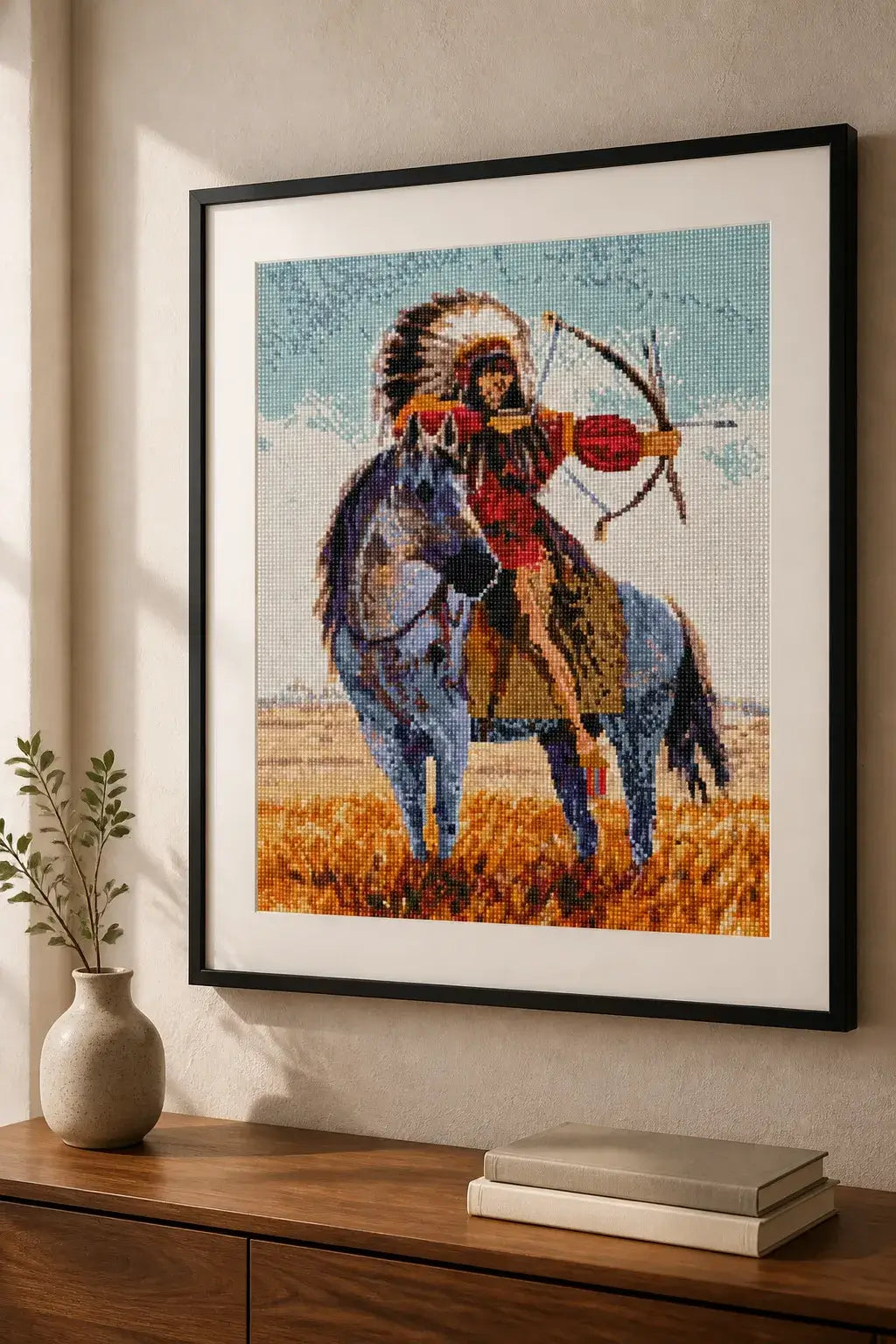 Guardian of the Plains finished rider-and-horse diamond artwork shown in a frame mockup; artwork is sold unframed.