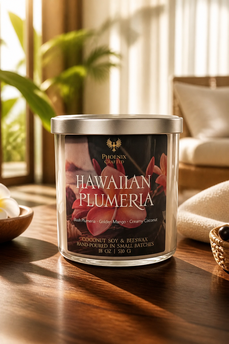 Hawaiian Plumeria 18 oz Aura candle with tropical plumeria, pineapple, mango, and coconut styling.