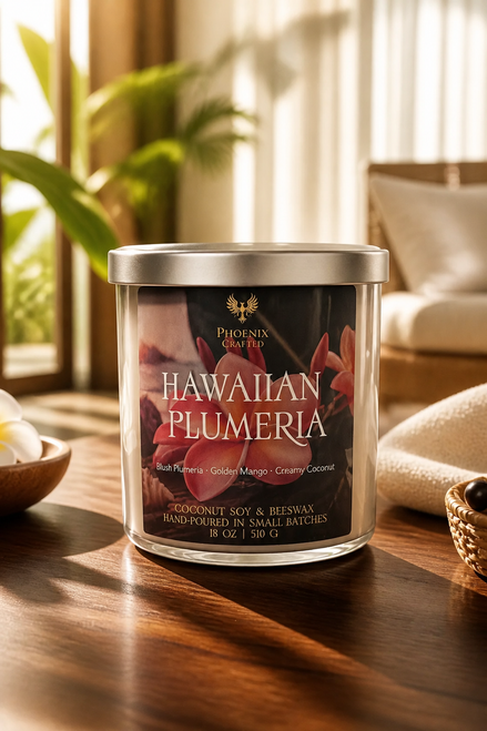 Hawaiian Plumeria 18 oz Aura candle with tropical plumeria, pineapple, mango, and coconut styling.