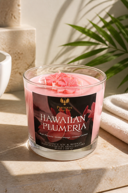 Open Hawaiian Plumeria 18 oz Aura candle showing the wax and wick presentation.