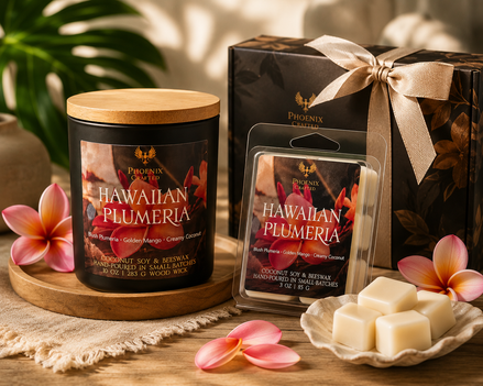Hawaiian Plumeria candle and matching wax melt gift set by Phoenix Crafted