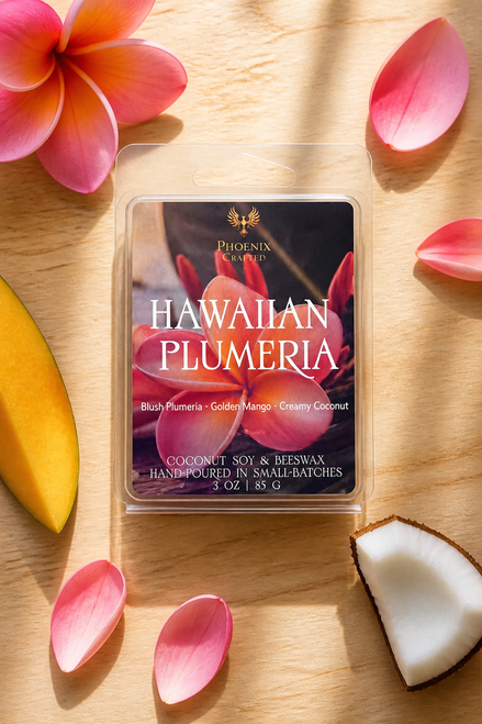 Hawaiian Plumeria wax melts in Phoenix Crafted packaging with plumeria, pineapple, mango, coconut, and bamboo styling.
