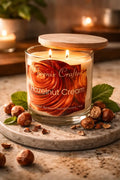 Hazelnut Cream Candle with wooden lid and toasted hazelnuts, showcasing cozy café-inspired fragrance.