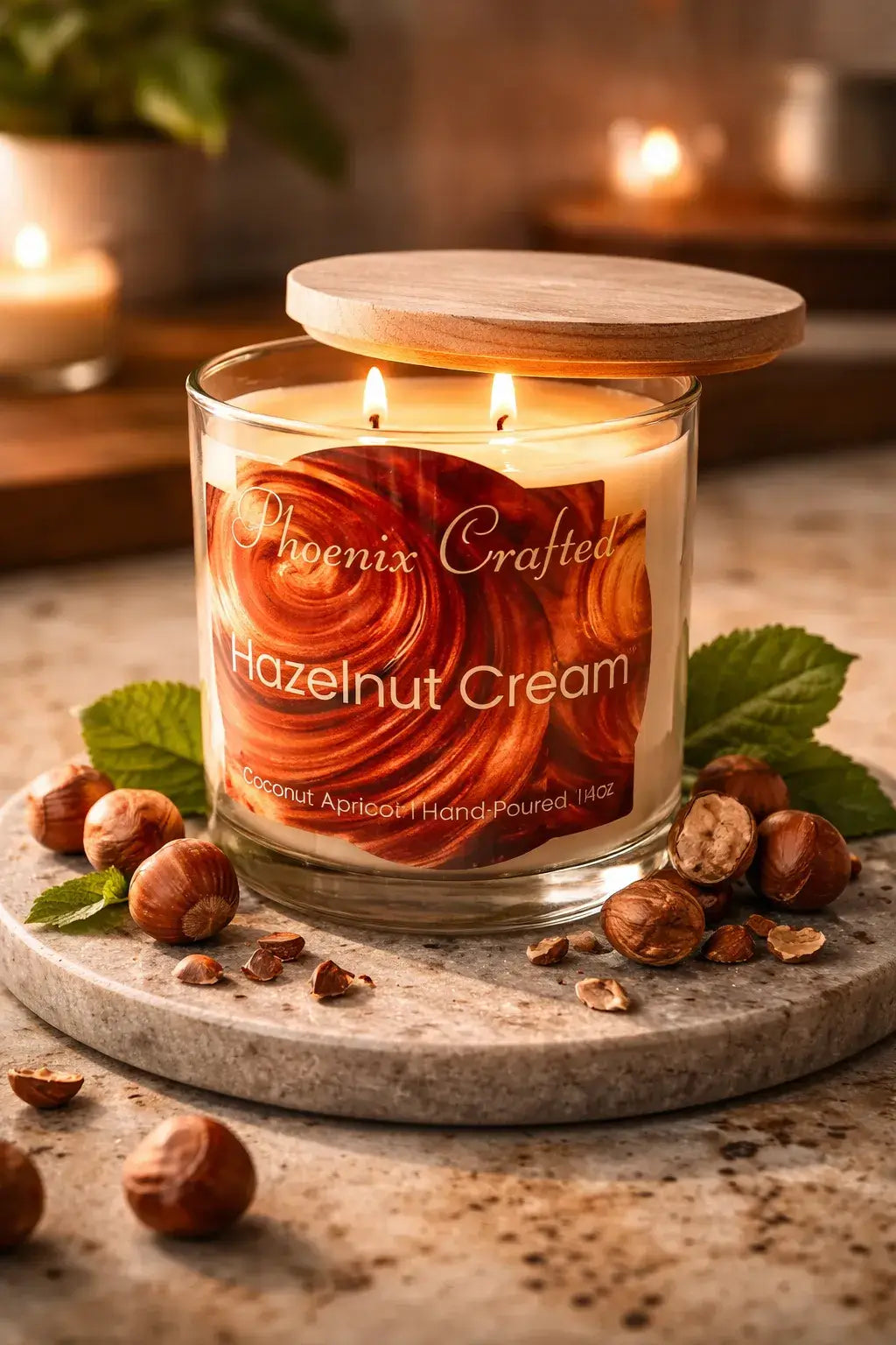Hazelnut Cream Candle with wooden lid and toasted hazelnuts, showcasing cozy café-inspired fragrance.