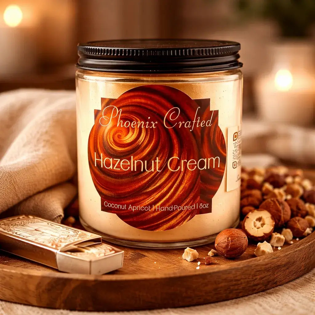Hazelnut Cream Candle in a jar with a swirled design, showcasing a cozy fragrance with toasted hazelnuts and vanilla.
