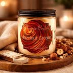 Hazelnut Cream Candle in a jar with a swirled design, showcasing a cozy fragrance with toasted hazelnuts and vanilla.