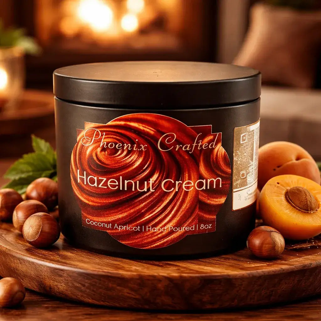 Hazelnut Cream Candle in a black jar with a swirl design, placed on a wooden table with hazelnuts and apricots.