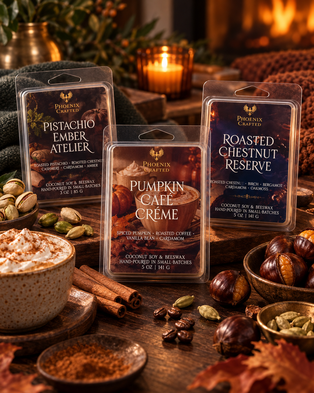 Hearth & Home wax melt discovery set with Pistachio Ember Atelier, Pumpkin Café Crème, and Roasted Chestnut Reserve.