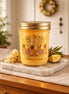 Yellow jar candle with gold screw-top lid labeled "Home Sweet Home," on a marble slab with a pineapple wedge and small yellow flowers.