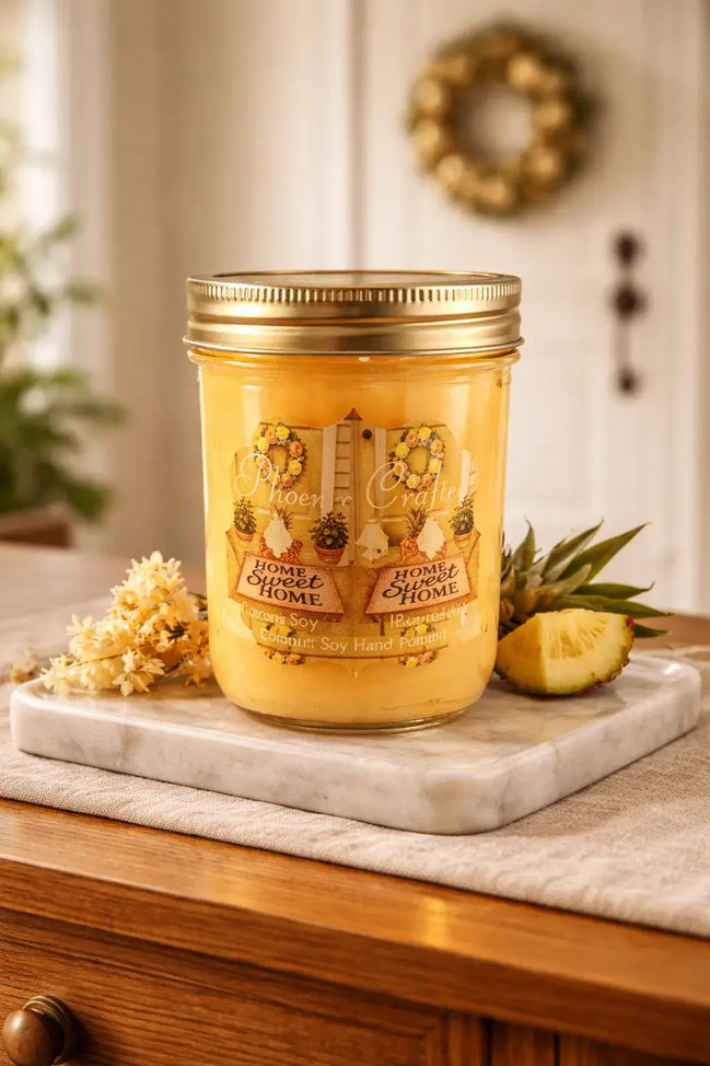Yellow jar candle with gold screw-top lid labeled "Home Sweet Home," on a marble slab with a pineapple wedge and small yellow flowers.