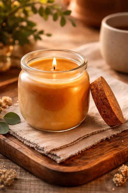 Home Sweet Home Candle in a glass jar with a cork lid, glowing warmly on a wooden surface with soft textiles and greenery.