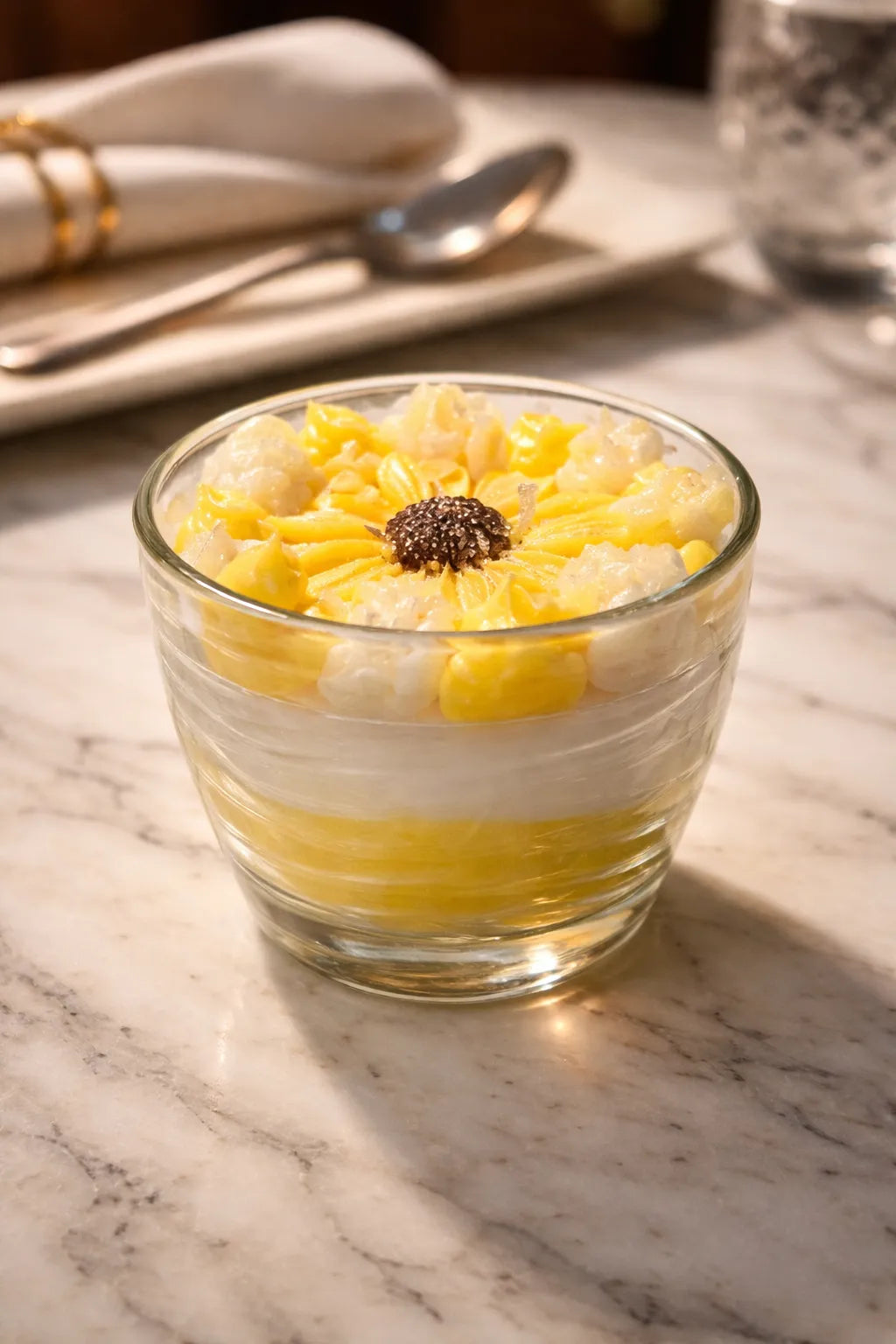 Delicious layered dessert in a glass bowl topped with yellow fruit and a dark seed, sitting on a marble table.