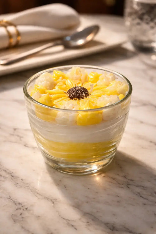 Delicious layered dessert in a glass bowl topped with yellow fruit and a dark seed, sitting on a marble table.