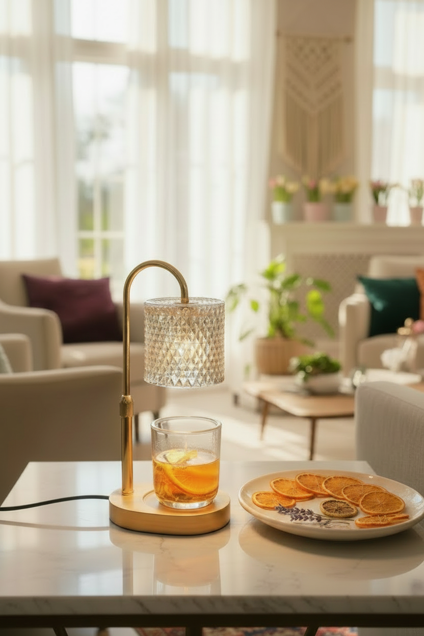 Brass table lamp with curved arm and textured glass shade over a clear tumbler holding orange slices.