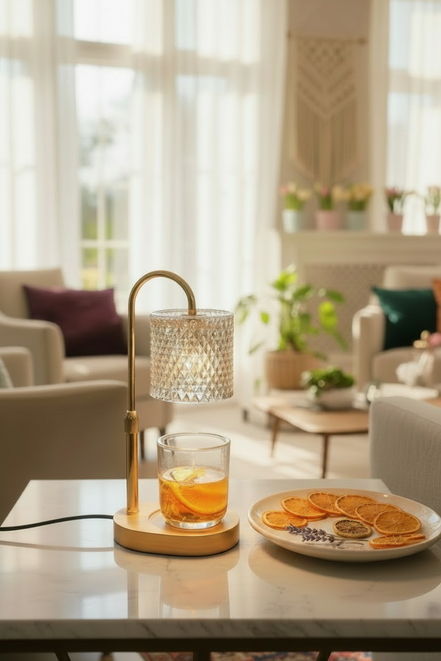 Brass table lamp with curved arm and textured glass shade over a clear tumbler holding orange slices.