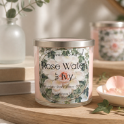 Pale pink jar candle labeled 'Rose Water & Ivy' with a lid on a round tray with an ivy leaf and scattered pink petals.