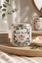 Rose Water & Ivy Candle displayed on a wooden tray with greenery, perfect for a relaxing atmosphere.