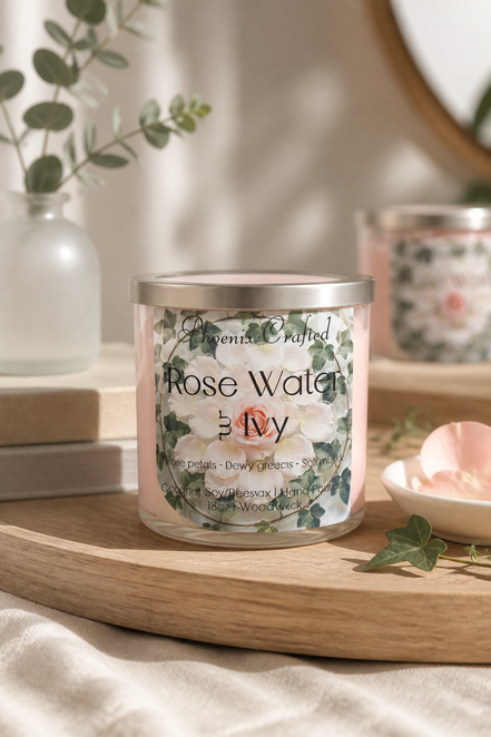 Pale pink jar candle labeled 'Rose Water & Ivy' with a lid on a round tray with an ivy leaf and scattered pink petals.