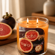 Clear glass jar candle with orange wax and two lit wicks, label reading 
