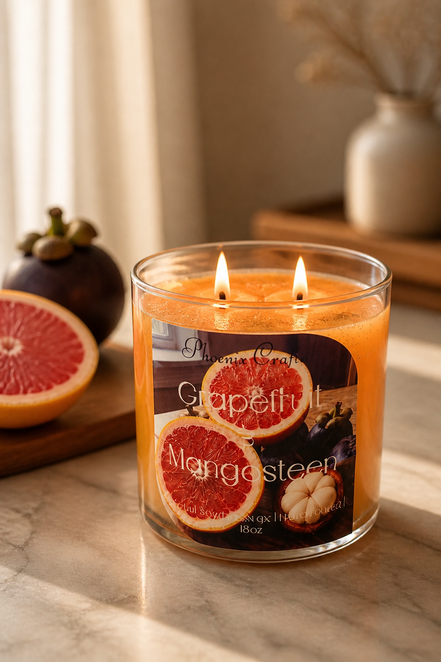 Clear glass jar candle with orange wax and two lit wicks, label reading "Grapefruit Mangosteen", halved grapefruit and mangosteen on marble