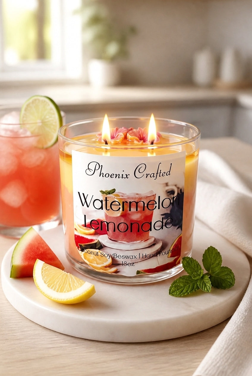Clear glass jar candle with yellow-orange wax, three lit wicks and pink flower decorations on a round marble coaster with lemon and watermelon wedges.