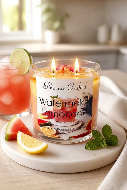 Clear glass jar candle with yellow-orange wax, three lit wicks and pink flower decorations on a round marble coaster with lemon and watermelon wedges.