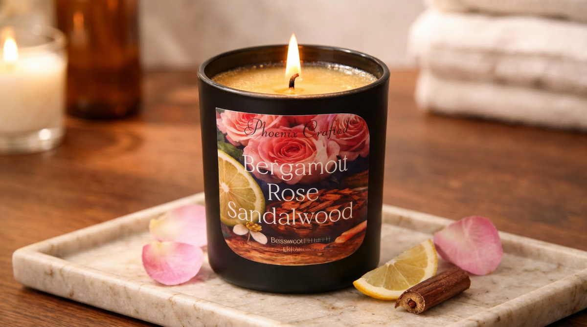 Bergamot Rose & Sandalwood candle on a marble tray with rose petals, lemon, and cinnamon.