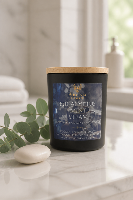 Eucalyptus Mint Steam candle in a matte black vessel styled with fresh eucalyptus, mint, and spa-inspired greenery.