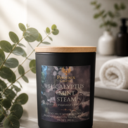 Eucalyptus Mint Steam candle displayed with eucalyptus leaves and cooling botanical accents in a restorative setting.