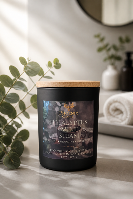 Eucalyptus Mint Steam candle displayed with eucalyptus leaves and cooling botanical accents in a restorative setting.