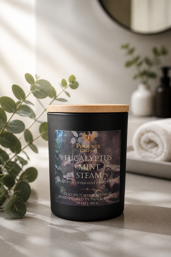 Eucalyptus Mint Steam candle displayed with eucalyptus leaves and cooling botanical accents in a restorative setting.