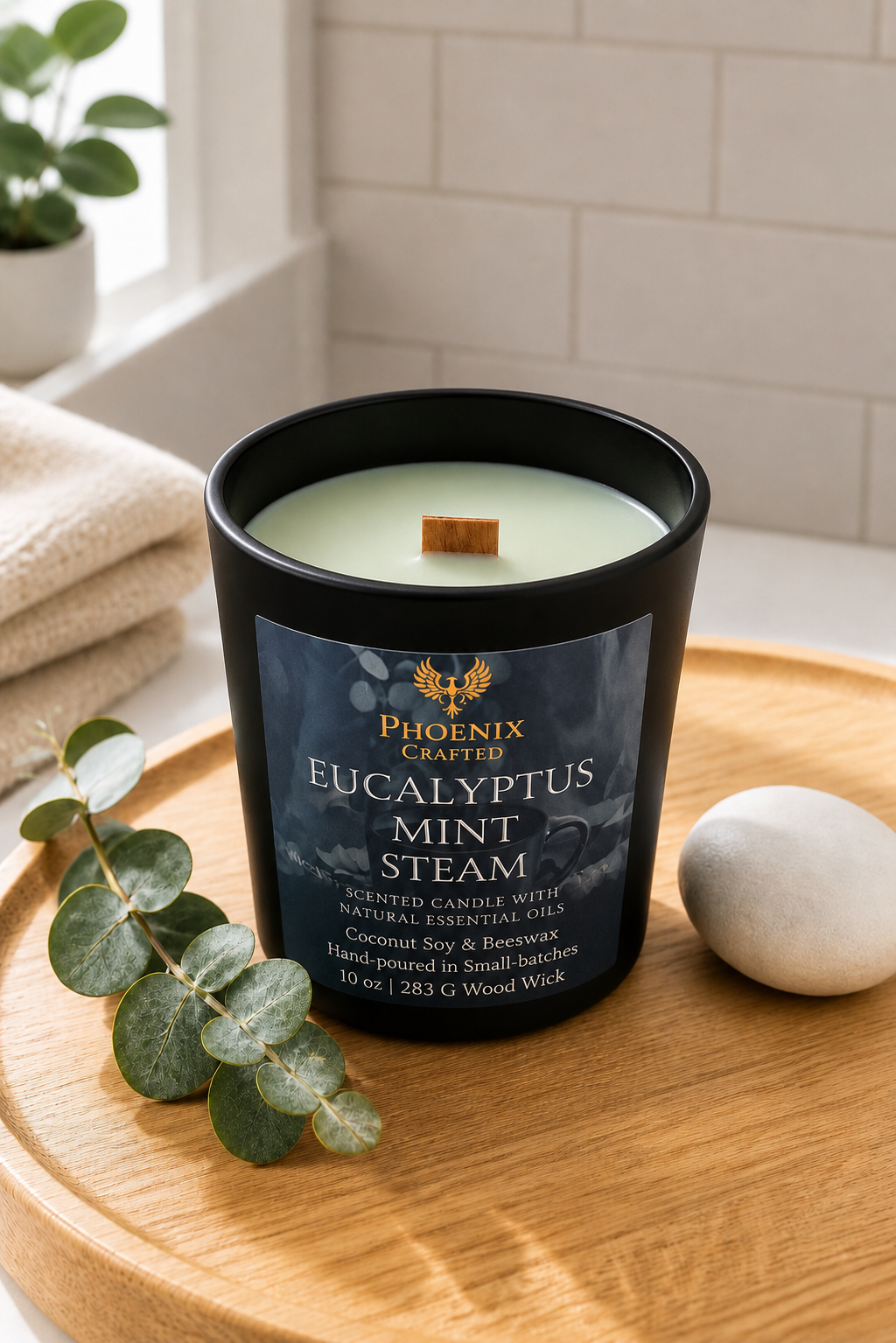 Lit Eucalyptus Mint Steam candle with a full warm glow surrounded by eucalyptus and mint-inspired spa decor.