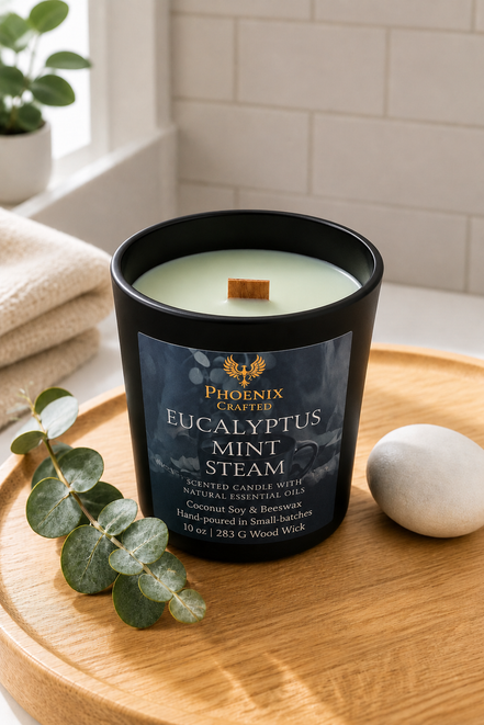 Lit Eucalyptus Mint Steam candle with a full warm glow surrounded by eucalyptus and mint-inspired spa decor.